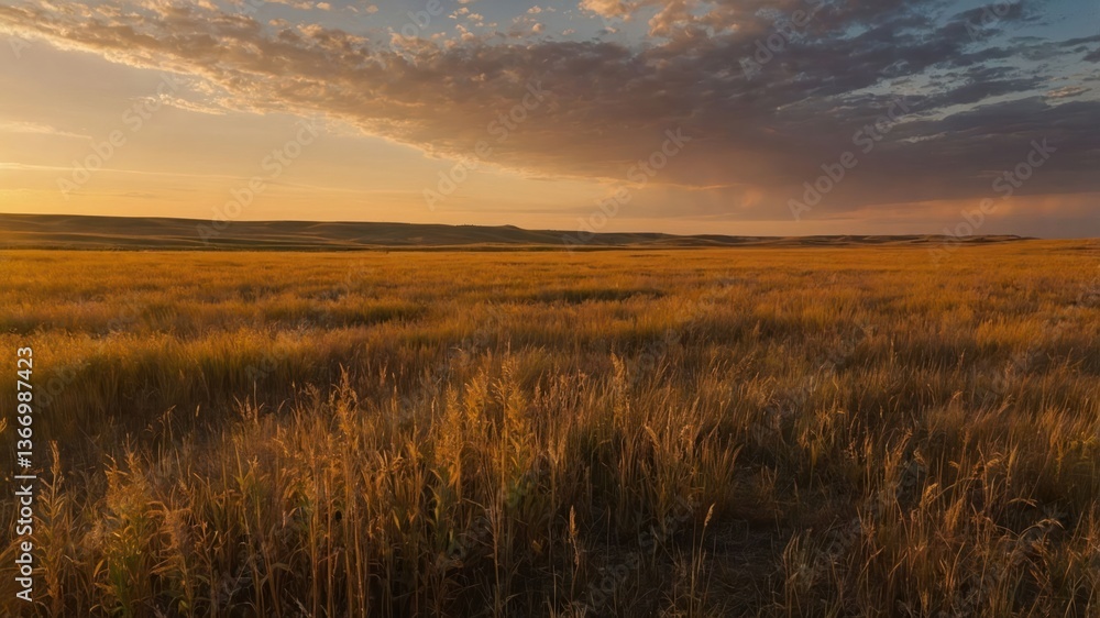 Fototapeta premium Golden Meadow Landscape at Dusk with a Dramatic Sky and Clouds