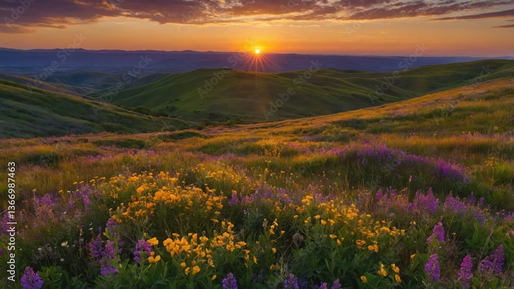 Fototapeta premium Wildflower Meadow at Sunset Rolling Green Hills Golden Hour Landscape