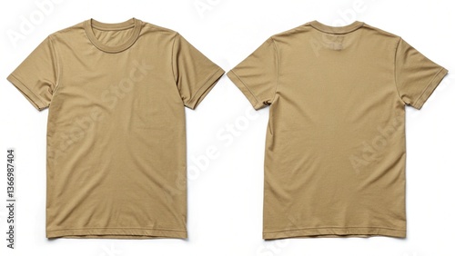 A tan-colored t-shirt, front and back view, white background, mockup template. Tan men's classic t-shirt