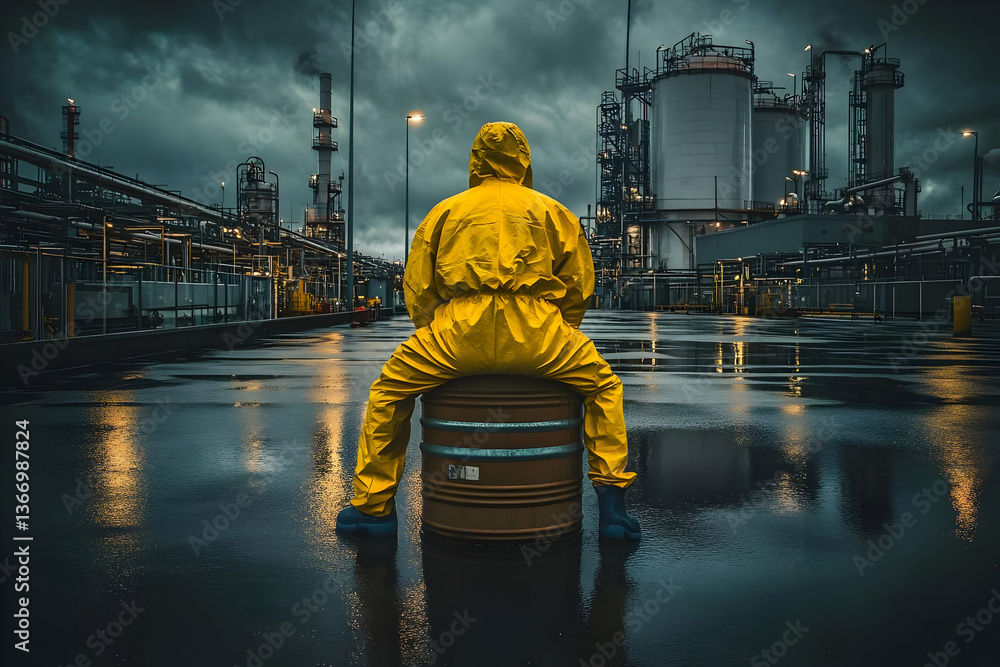 Hazmat Suit Person Sitting on a Barrel Amidst Industrial Pollution Digital Art Hazmat Suit Person Sitting on a Barrel Amidst Industrial Pollution Digital Art