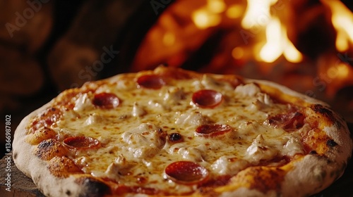 Fresh Pizza with Pepperoni and Chicken Baked in a Wood Fired Oven
