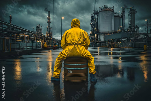 Hazmat Suit Person Sitting on a Barrel Amidst Industrial Pollution Digital Art
