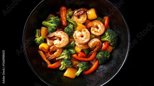 Delicious Shrimp Stir Fry with Vegetables in a Black Bowl on Black Background