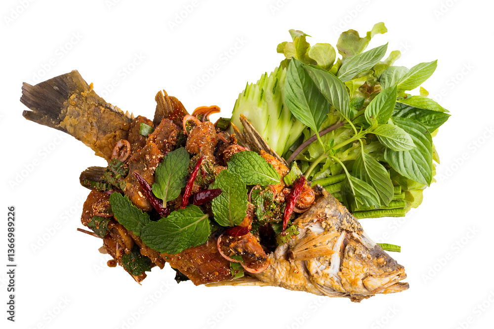 Spicy seafood mince with Deep fried Seabass and mint leaf, shallot isolated on a transparent background.