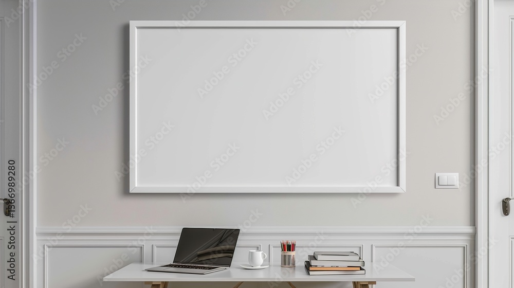 A white rectangular frame in a hallway above a table with a cup, a laptop, and a couple of books. HD 8K mockup wallpaper Photographic Image A white rectangular frame in a hallway above a table with a cup, a laptop, and a couple of books. HD 8K mockup wallpaper Photographic Image