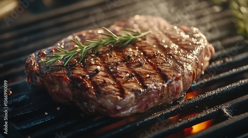 Grilling Juicy Steak on Barbecue with Rosemary and Spices Close-up