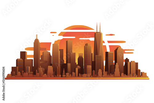 A Stunning Silhouette of Chicago's Skyline at Sunset isolated on transparent background 