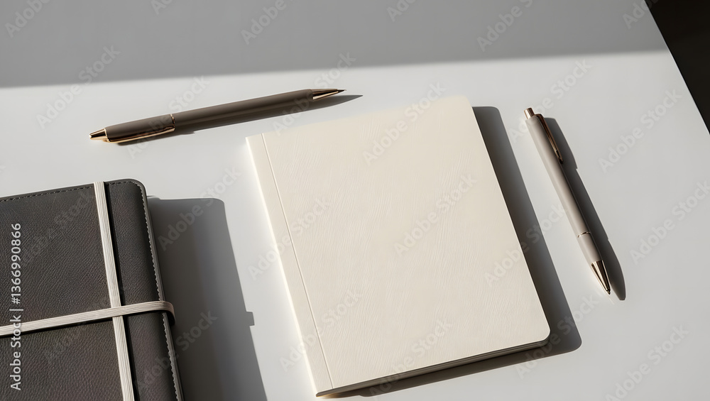 custom made wallpaper toronto digitalElegant flat lay of modern stationery items, including a minimalist cream-colored notebook, sleek pens, and a dark leather planner on a bright, clean desk surface. Ideal for professional, office, and