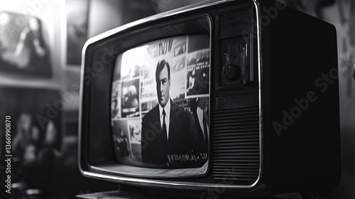 Vintage TV news broadcast, man in suit, room background, historical media