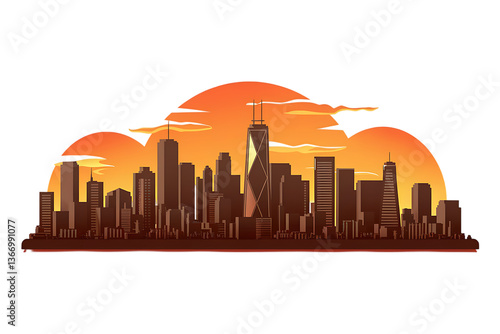 A Stunning Silhouette of the Chicago City Skyline at Sunset isolated on transparent background 
