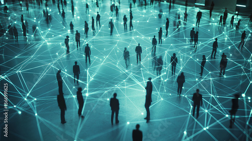 Futuristic concept of digital social network showing connected people silhouettes with glowing data lines and nodes representing communication, connectivity, technology and virtual interaction
