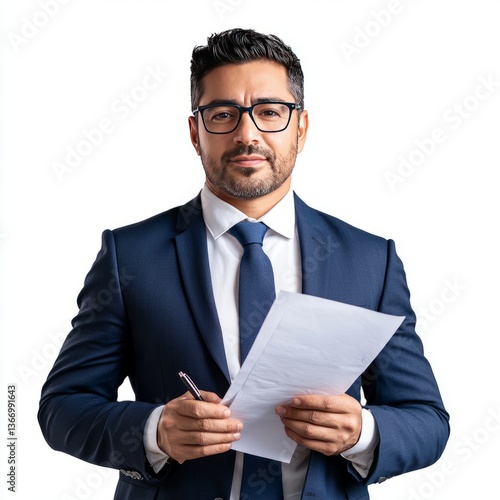 professional news reporter in suit, standing with papers

