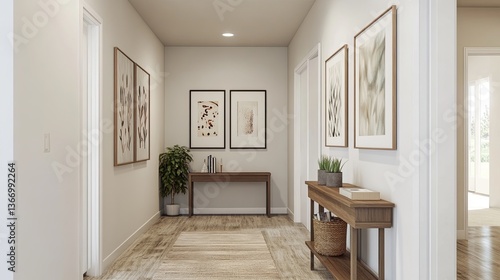 A simple hallway decorated with a gallery wall of minimalist art and a console table. picture