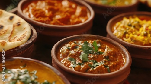 Serving Indian Dishes in Bowls with Naan Bread on the Side