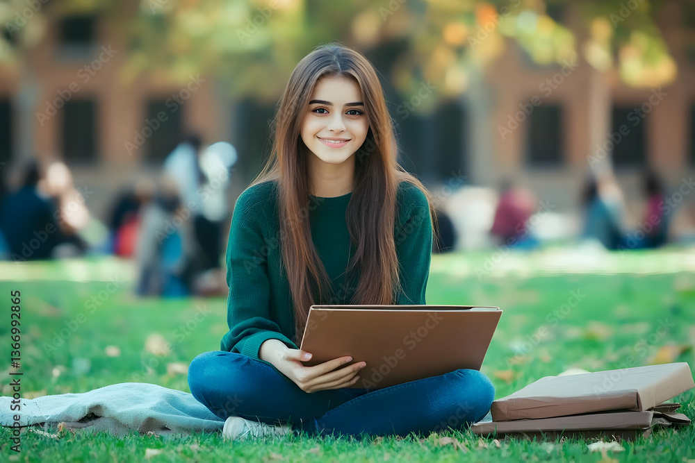 Obraz premium Happy Young Woman in Green Sweater Holding Laptop Outdoors