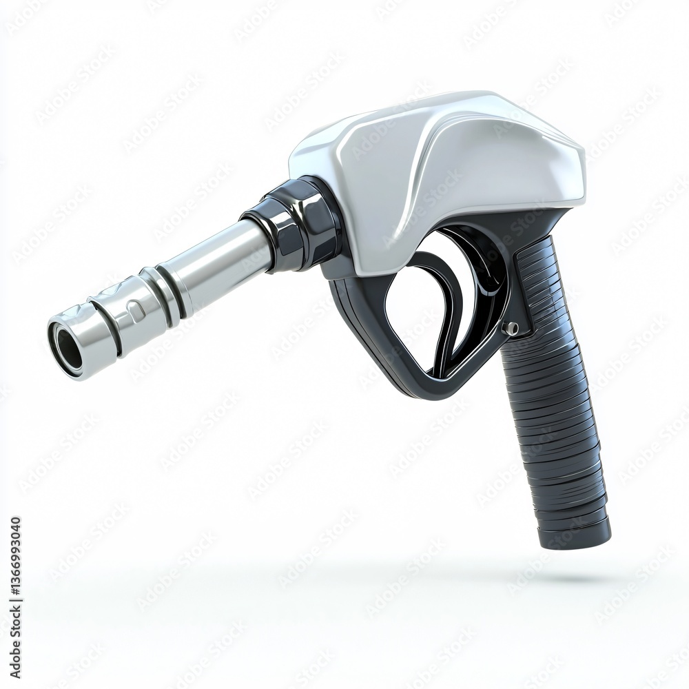 Metallic fuel nozzle angled against a white backdrop, showing handle and spout detail Metallic fuel nozzle angled against a white backdrop, showing handle and spout detail