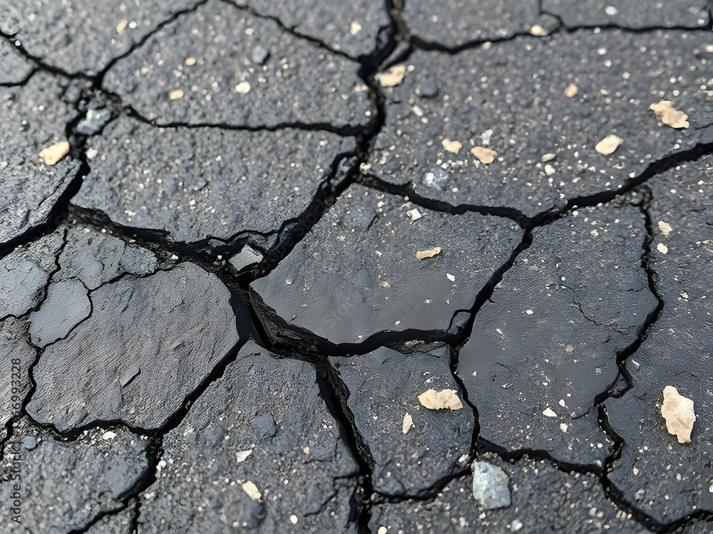Obraz premium Cracked Asphalt Pavement Close-up, Textured Road Surface, Dark Black with Cracks and Debris, Weathered Road, Damaged Texture.