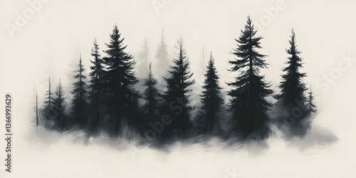 Misty Forest Silhouette: A Serene Digital Painting of Evergreens