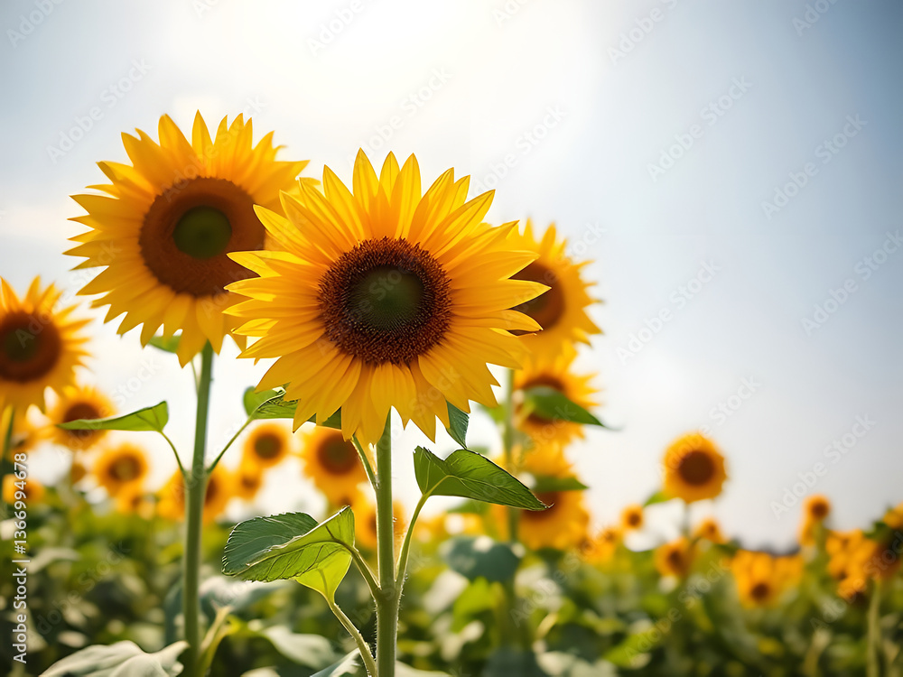 Fototapeta premium Sunny Sunflower Field with Blue Sky Vibrant Blooms, Summer, Nature, Floral, Outdoor Scenery.