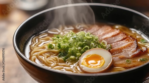 Steaming Bowl of Delicious Ramen with Egg and Pork Belly Close Up