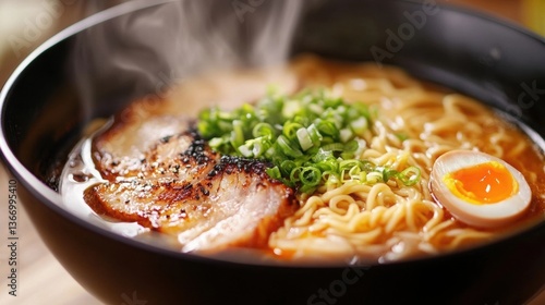 Delicious Japanese Ramen Bowl with Pork and Egg Steam Rising Close Up