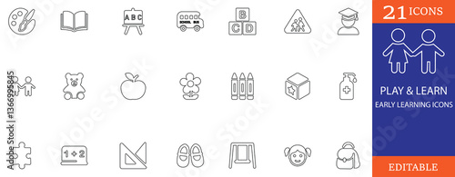 A charming collection of 21 editable line icons for early learning and preschool education. Perfect for kids' apps, school websites, worksheets, and child-friendly design projects