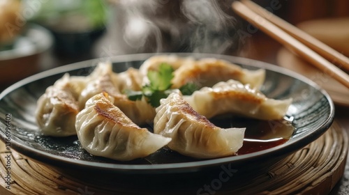 Steaming Dumplings on Plate with Chopsticks Ready for Eating Closeup