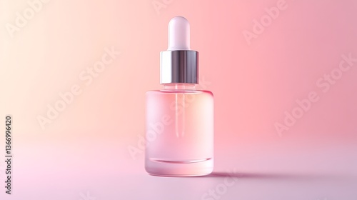 Cosmetic serum bottle with dropper on light pink background
