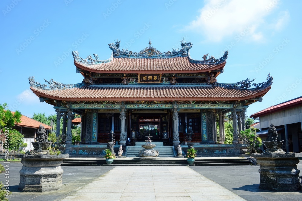 Asian temple facade under clear sky. Architectural details and serene atmosphere Asian temple facade under clear sky. Architectural details and serene atmosphere