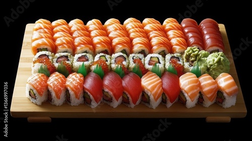 Delicious Assortment of Fresh Sushi Rolls and Sashimi Platter on Wooden Board