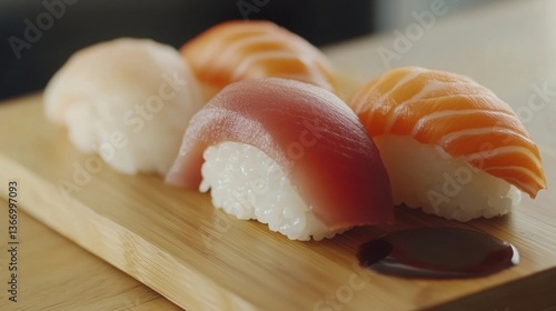 Delicious Sushi Nigiri on Wooden Plate with Soy Sauce for Japanese Cuisine