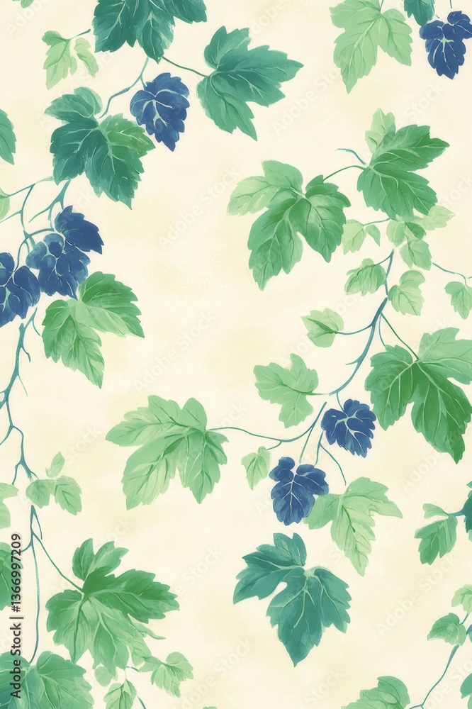 Blue And Green Grapevine Leaves Pattern On Cream Background Blue And Green Grapevine Leaves Pattern On Cream Background