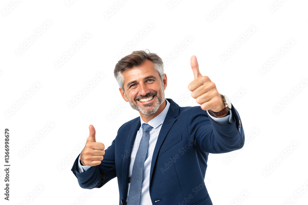 A confident, silver-haired man in a navy suit gives enthusiastic double thumbs-up. His bright smile and friendly expression radiate positivity and trust, isolated on a transparent background A confident, silver-haired man in a navy suit gives enthusiastic double thumbs-up. His bright smile and friendly expression radiate positivity and trust, isolated on a transparent background