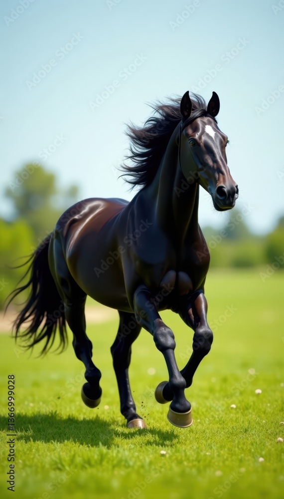 Obraz premium Black horse running with flowing mane and tail in the grassy field, outdoors, grasslands