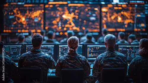 Military personnel monitor digital maps in command center