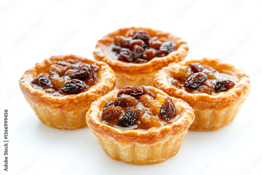 a group of four mini tarts with raisins on them a group of four mini tarts with raisins on them