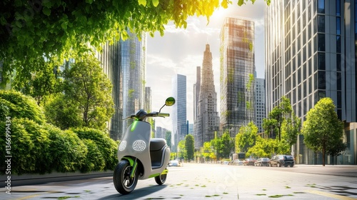 Electric scooter being used to navigate a smart city with integrated transportation systems, eco-friendly city streets with electric scooters and smart traffic management, Eco-tech style