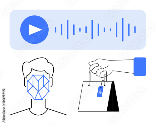 Face recognition scan, audio waveform with play button, and hand holding shopping bags with a discount tag. Ideal for technology, AI, e-commerce, personalization, automation, innovation privacy