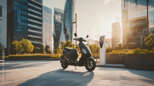 Electric scooter charging at a city station, urban environment with clear skies, Eco-tech style
