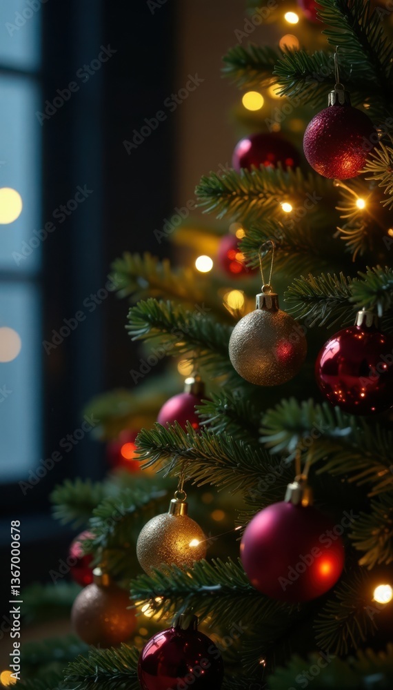 Christmas tree decorated with lights and ornaments, festive background, holiday cards, Christmas decorations Christmas tree decorated with lights and ornaments, festive background, holiday cards, Christmas decorations