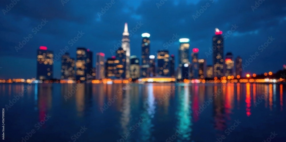 Obraz premium cityscape at night with twinkling lights and abstract circular bokeh on blue background, night, abstract, blue