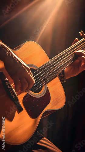 Photo Of A Musician Playing Acoustic Guitar With Brown Wooden Texture And Golden Lighting