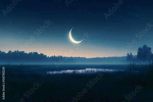 A crescent moon hanging low over a peaceful meadow, symbolizing the gentle balance between light and dark
