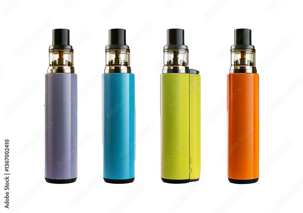 Set sleek, modern colorful vape device set against a clean, isolated on transparent or white background Set sleek, modern colorful vape device set against a clean, isolated on transparent or white background