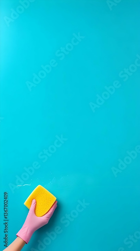 Photo of a Person Wearing Pink Gloves Cleaning Blue Surface with Yellow Sponge