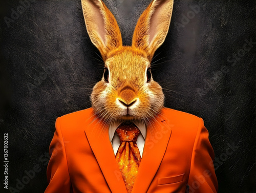 Photo of a Rabbit Dressed in an Orange Suit on a Textured Background