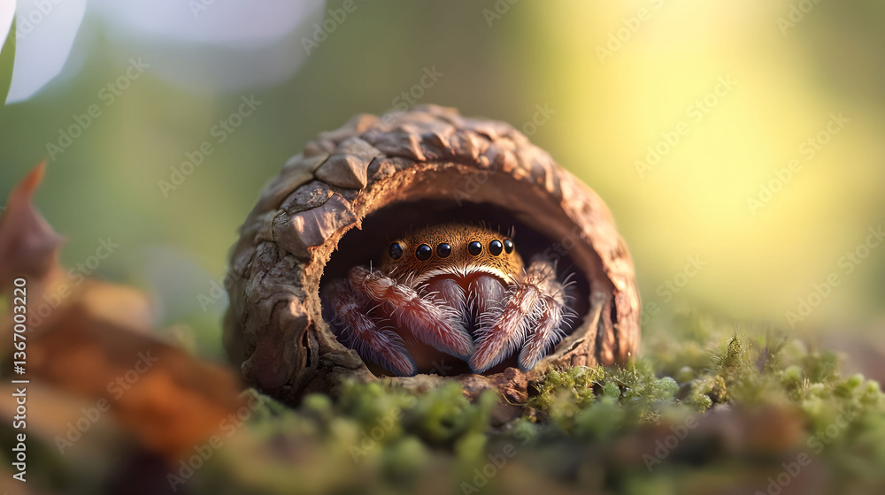A Tiny Jumping Spider's Acorn Home: A Macro Photography Masterpiece A Tiny Jumping Spider's Acorn Home: A Macro Photography Masterpiece