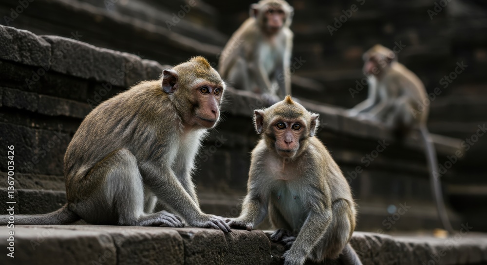 Naklejka premium Monkeys Sitting on Stone Steps at Temple