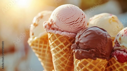 Assortment of Delicious Ice Cream Cones on a Sunny Day in Summer