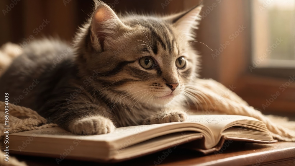 Resting Kitten Lying on Open Book by the Window Calm Scene Resting Kitten Lying on Open Book by the Window Calm Scene